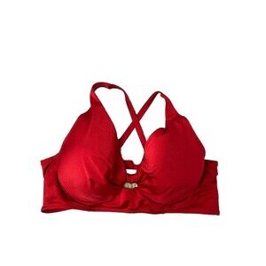 Cacique Swim Lightly Lined Plunge Top Red Women 44D Adjustable Knot Detail
